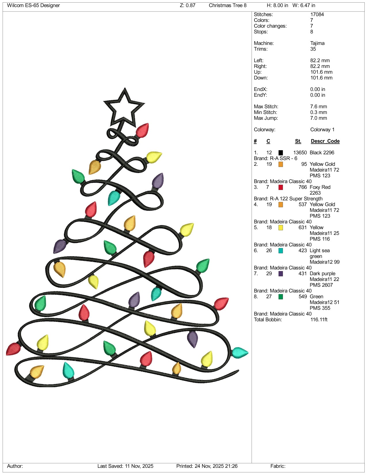 Christmas Light Tree Embroidery Design Files - 5 Size's