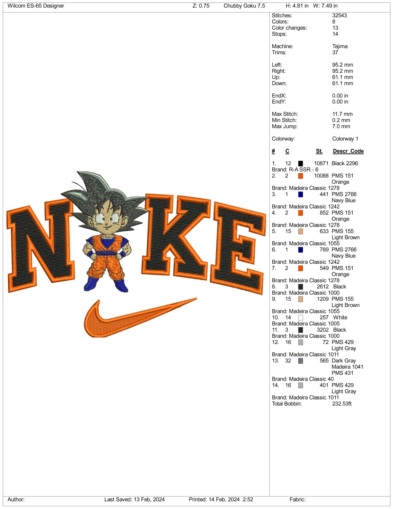 Archivos de diseño de bordado Nike Chibi Goku - 3 tamaños