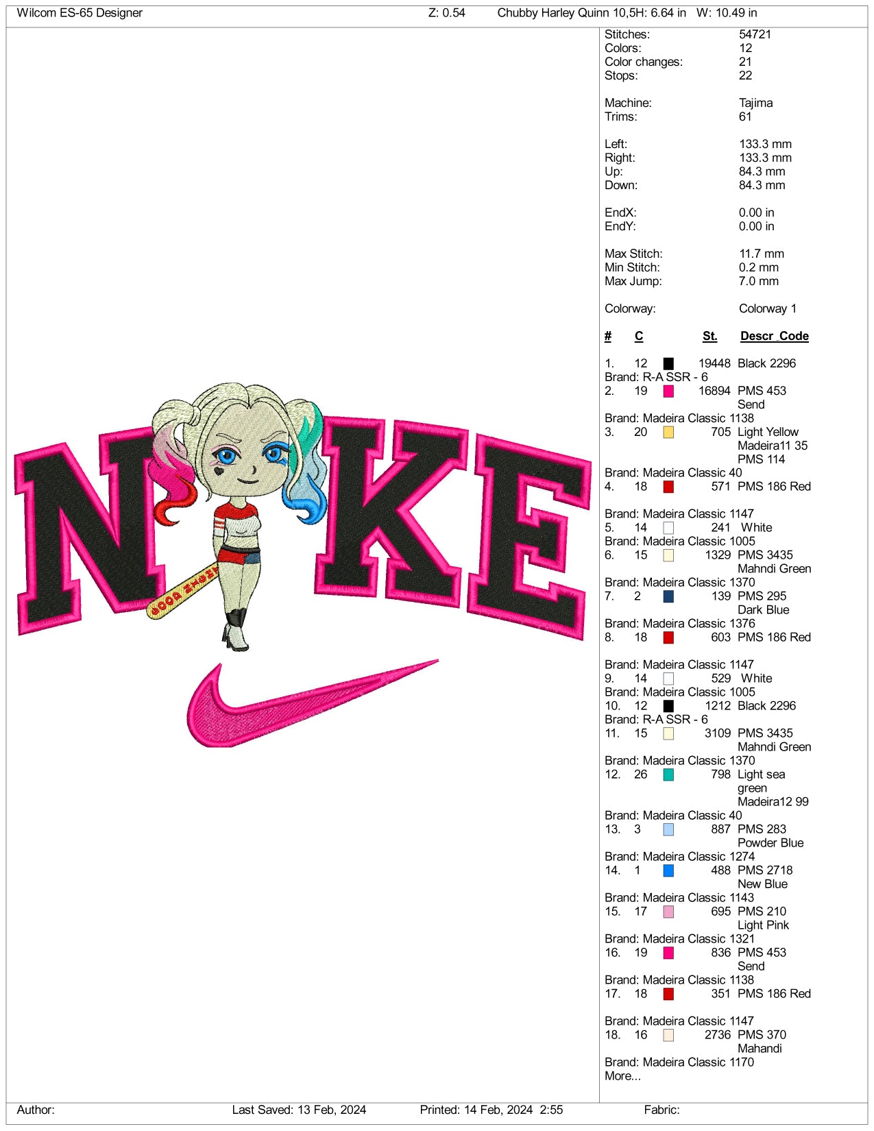 Archivos de diseño de bordado Nike Harley Quinn Chibi - 3 tamaños
