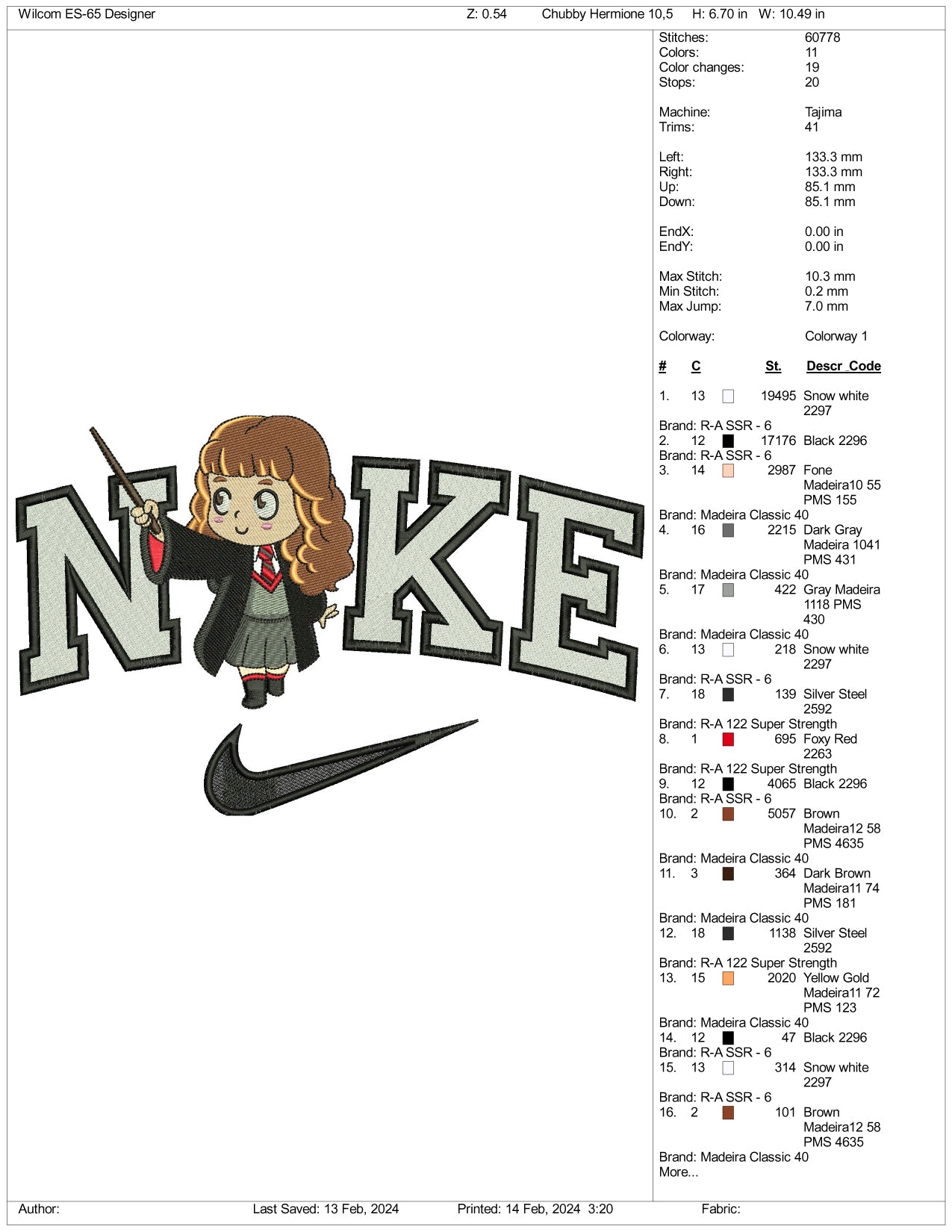 Nike Chibi Hermione Granger Embroidery Design Files - 3 Size's