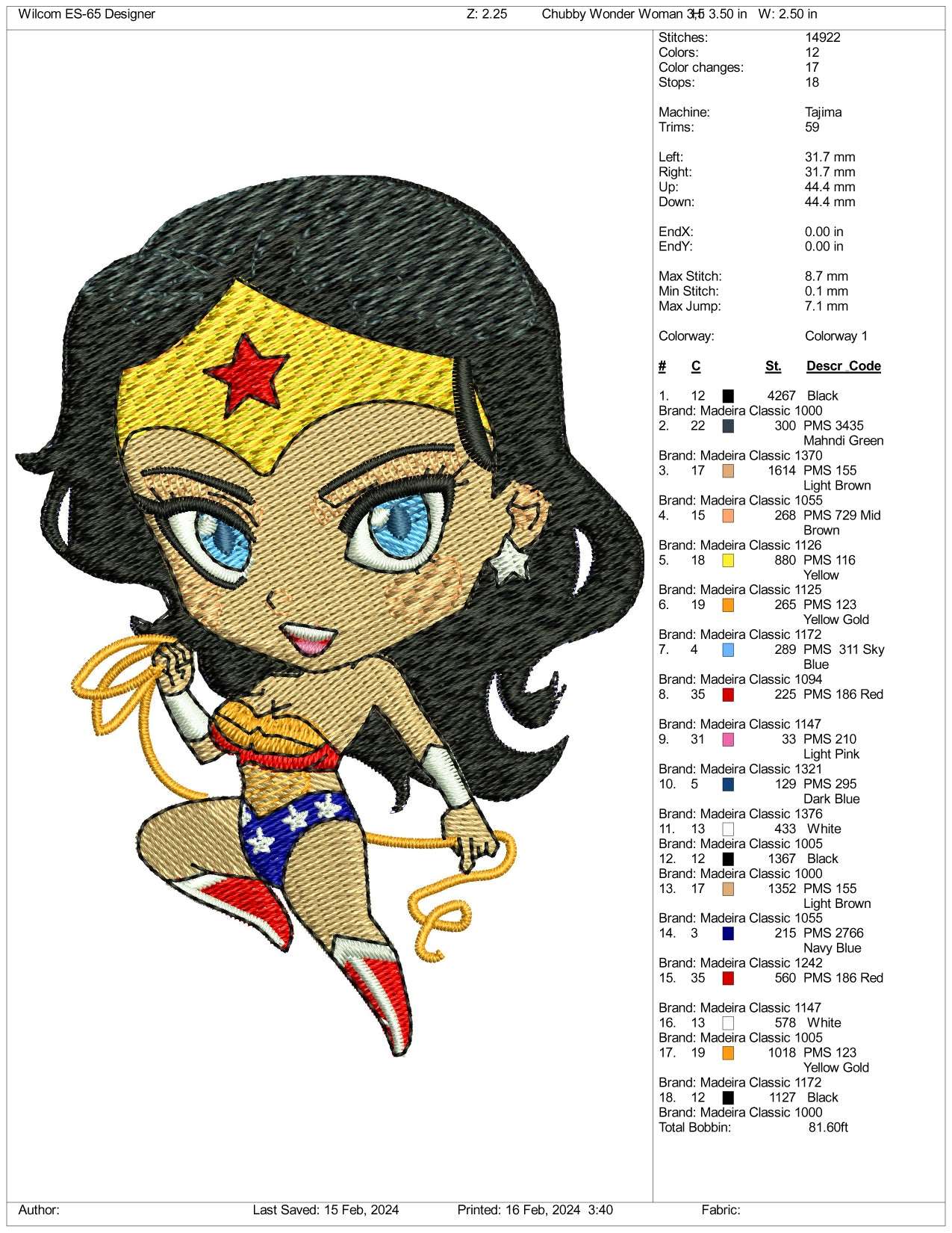 Chibi Wonder Woman Embroidery Design Files - 3 Size's
