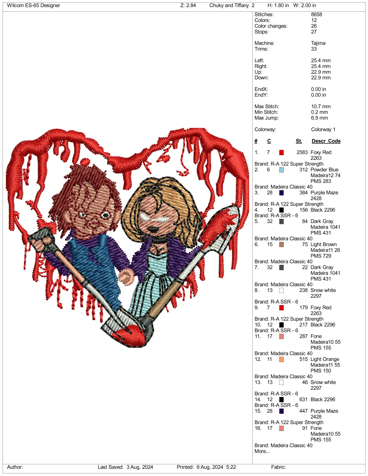 Chucky and Tiffany Embroidery Files - 3 Size's