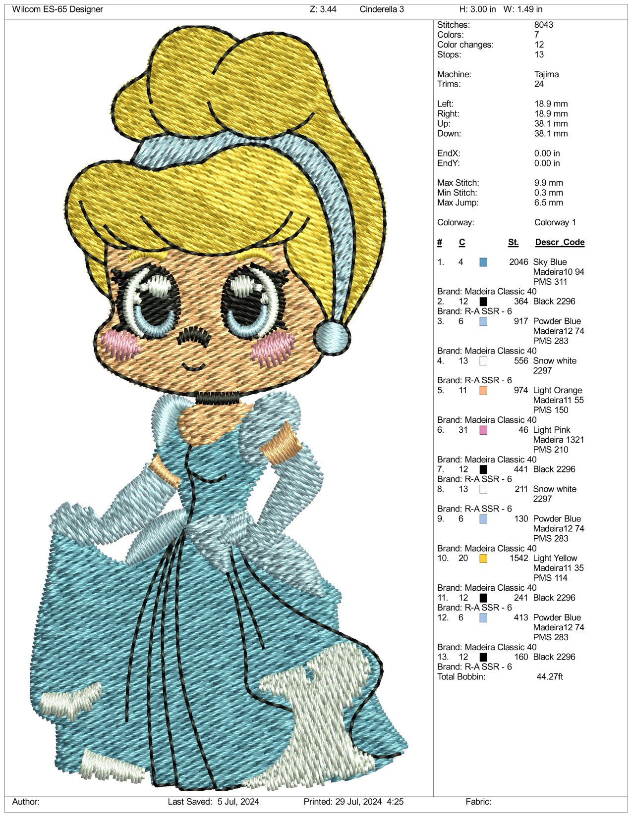 Chibi Cinderella Embroidery Design Files - 3 Size's