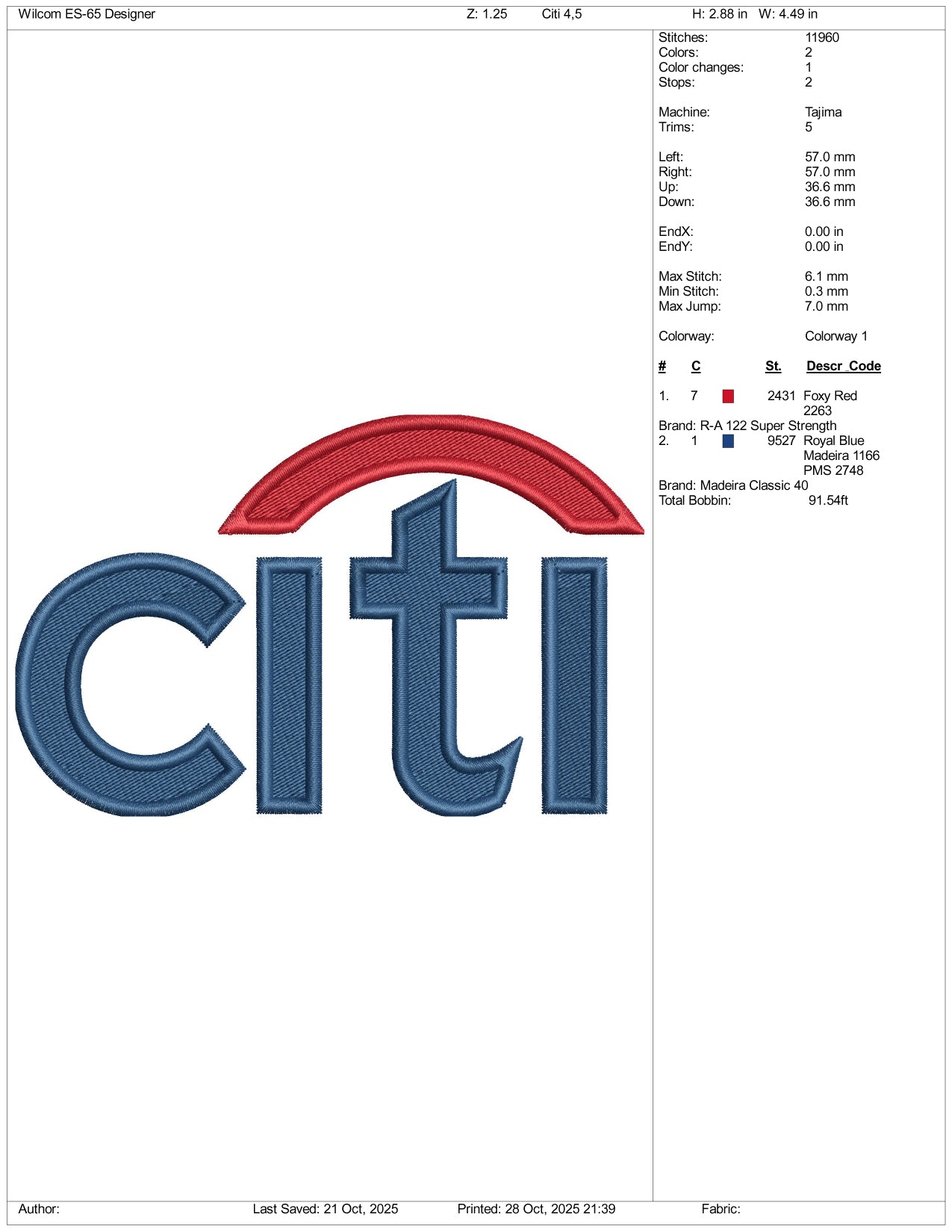 Citi Logo Embroidery Design Files - 3 Size's
