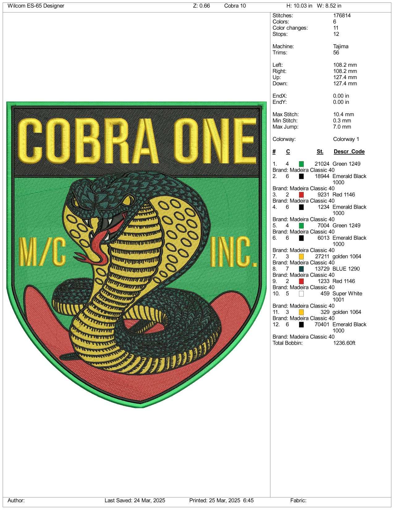 Cobra One Inc Embroidery Files - 3 Size's