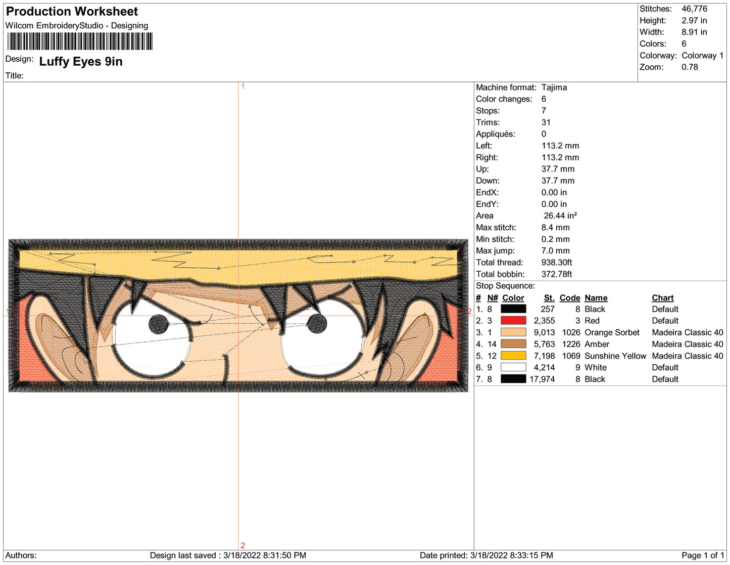 Monkey D Luffy Eyes v2 Embroidery Design Files - 4 Size's