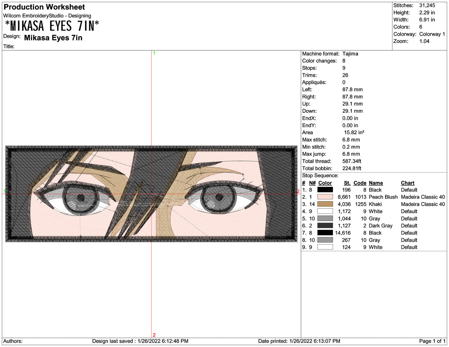 Mikasa Ackerman Eyes Embroidery Design Files - 3 Size's