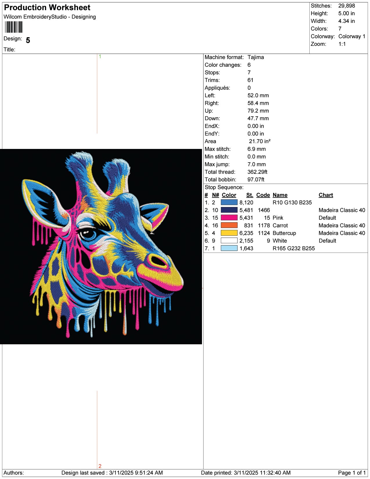 Colorful Giraffe Embroidery Design Files - 9 Size's