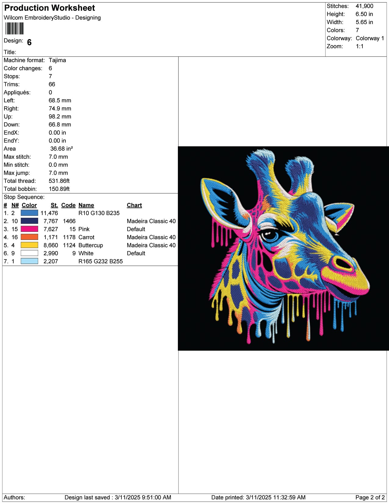 Colorful Giraffe Embroidery Design Files - 9 Size's