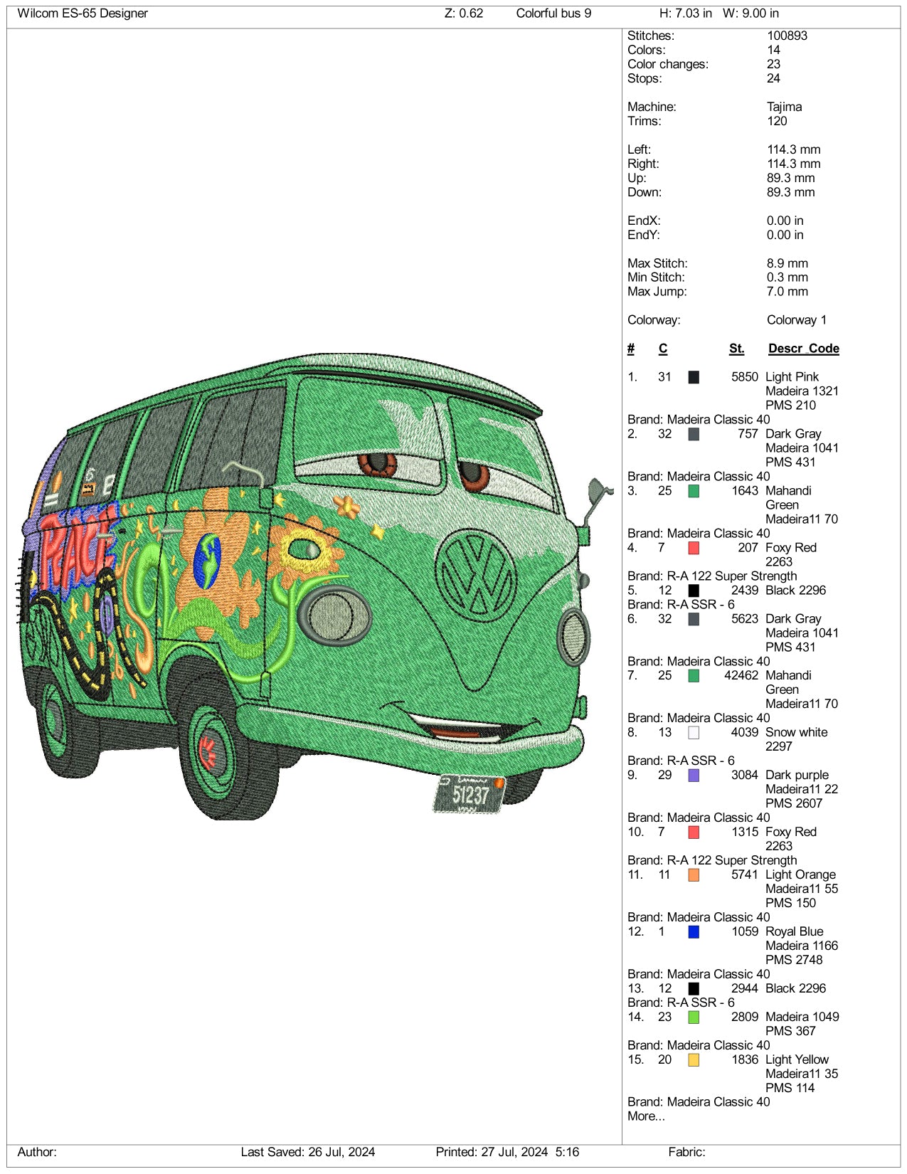 Cars Fillmore Embroidery Design Files - 3 Size's
