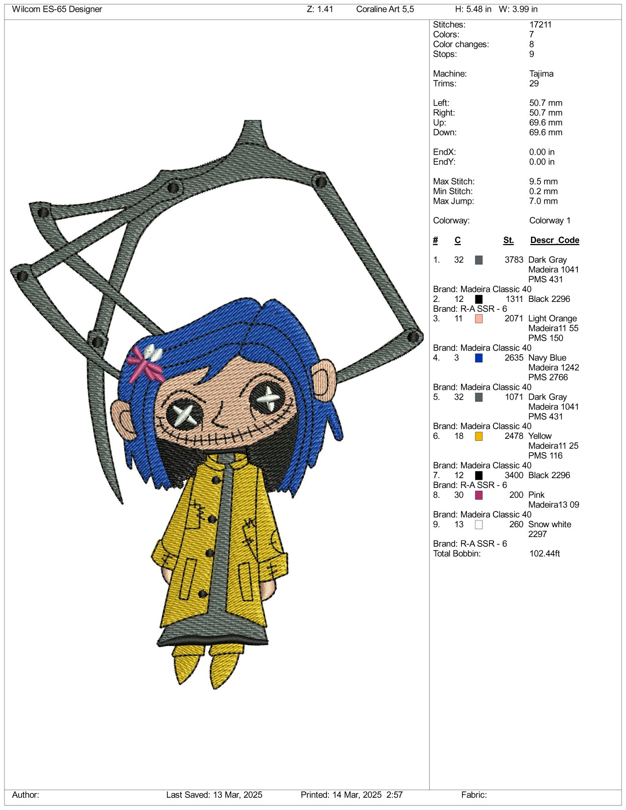 Coraline v2 Embroidery Files - 3 Size's