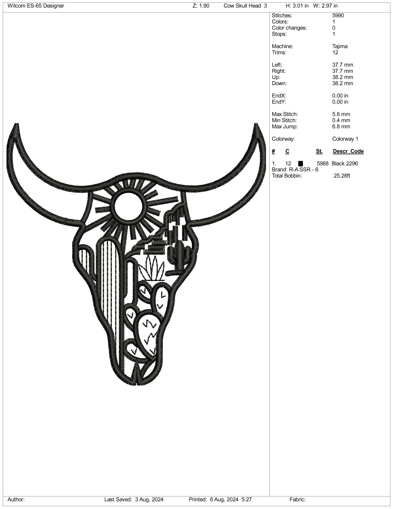 Cow Skull Desert Embroidery Files - 3 Size's