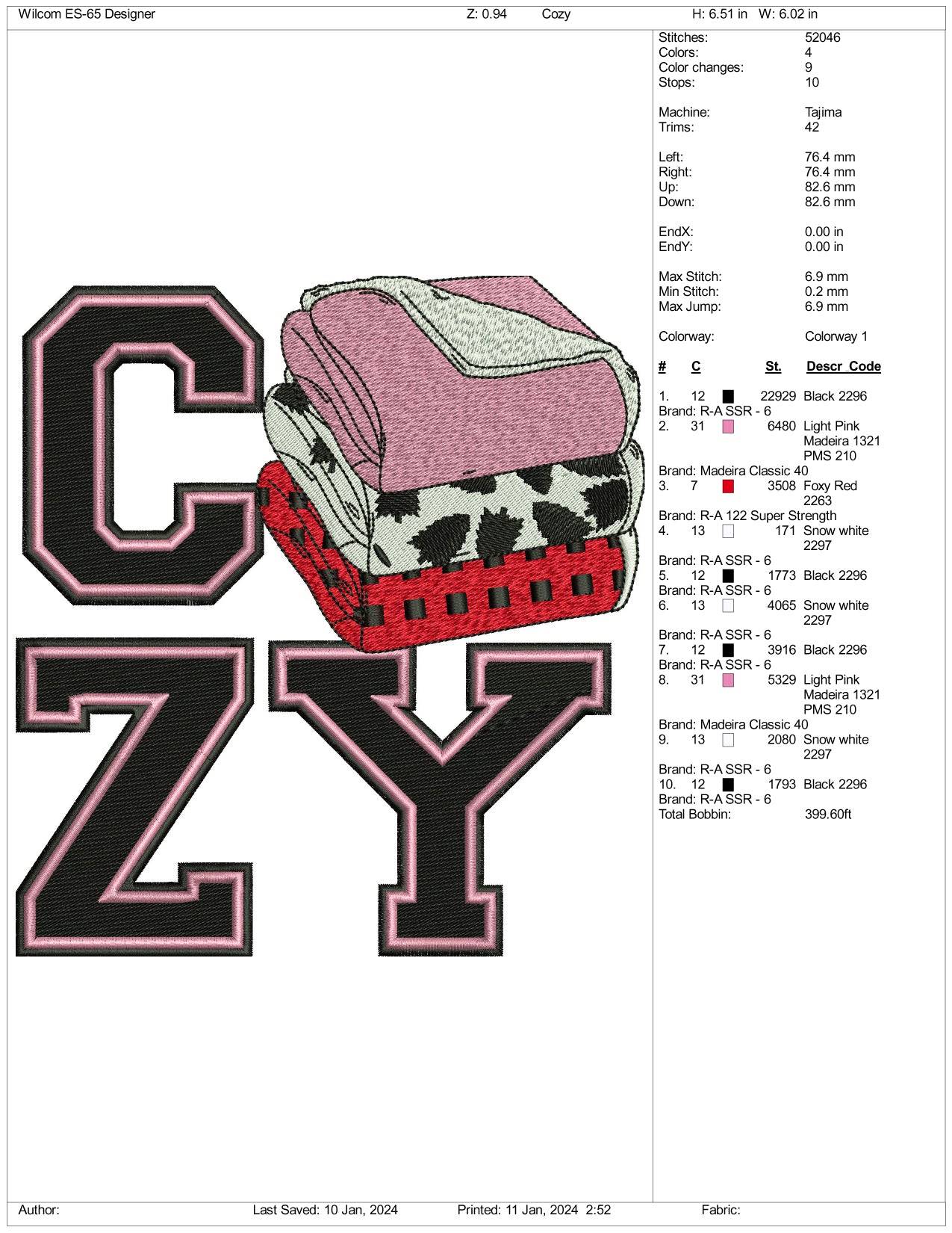 Cozy Embroidery Design Files - 3 Size's