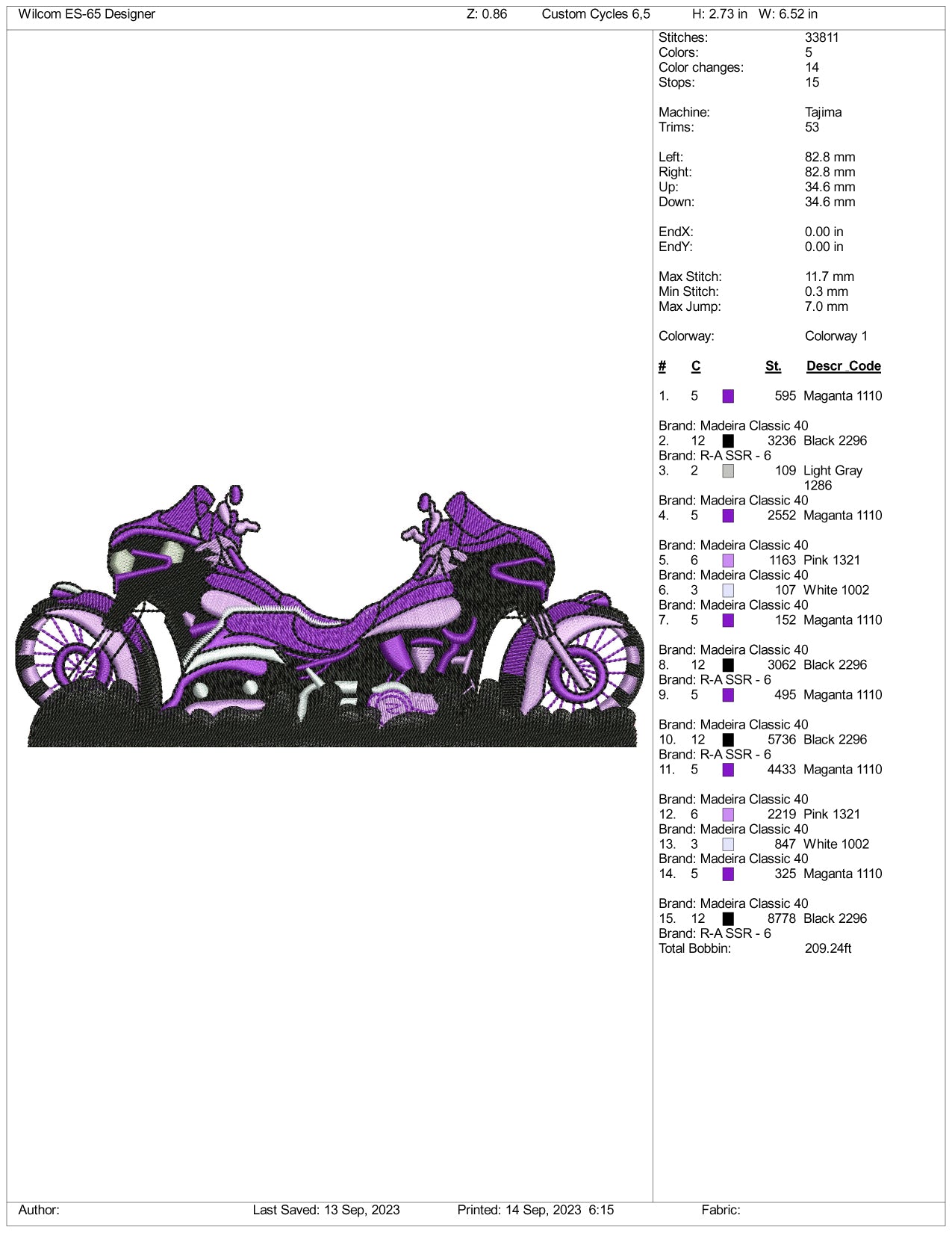 Purple Motorbike Embroidery Design Files - 3 Size's