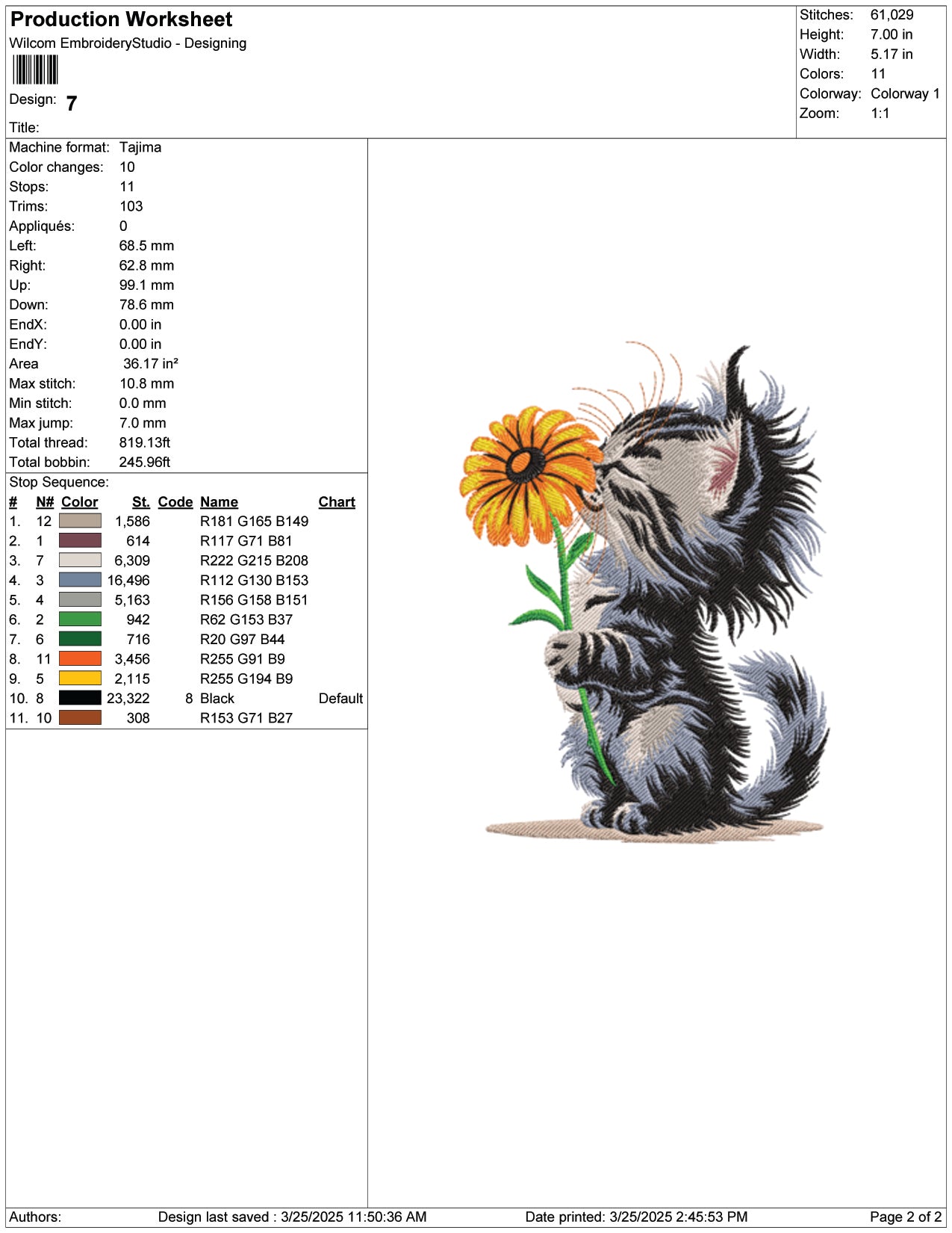 Cute Cat with Flower Embroidery Design Files - 7 Size's