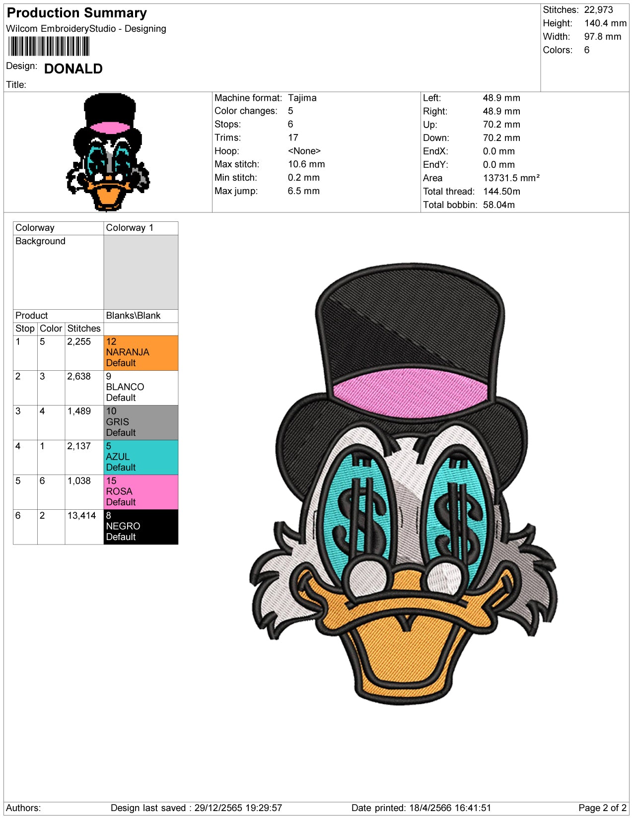 Scrooge McDuck Embroidery Design Files - 1 Size