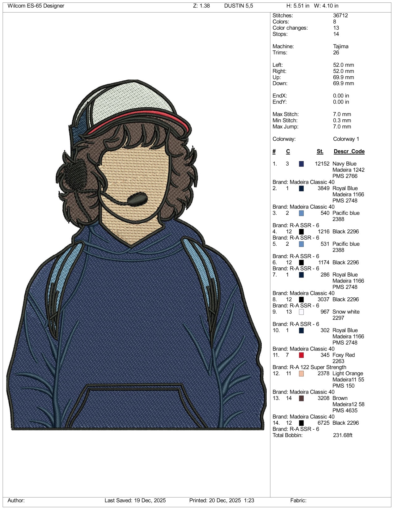 Dustin Henderson Embroidery Design Files - 3 Size's