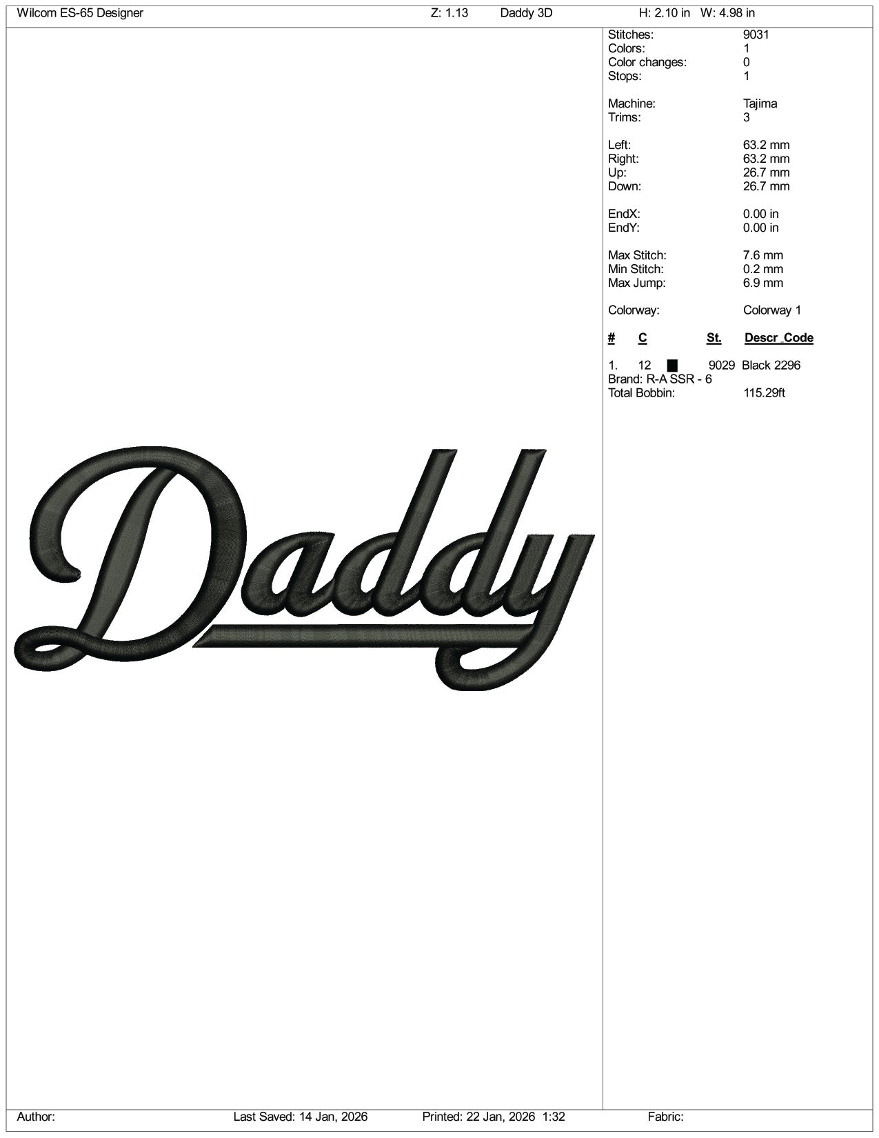 Daddy 3D Embroidery Design Files - 1 Size