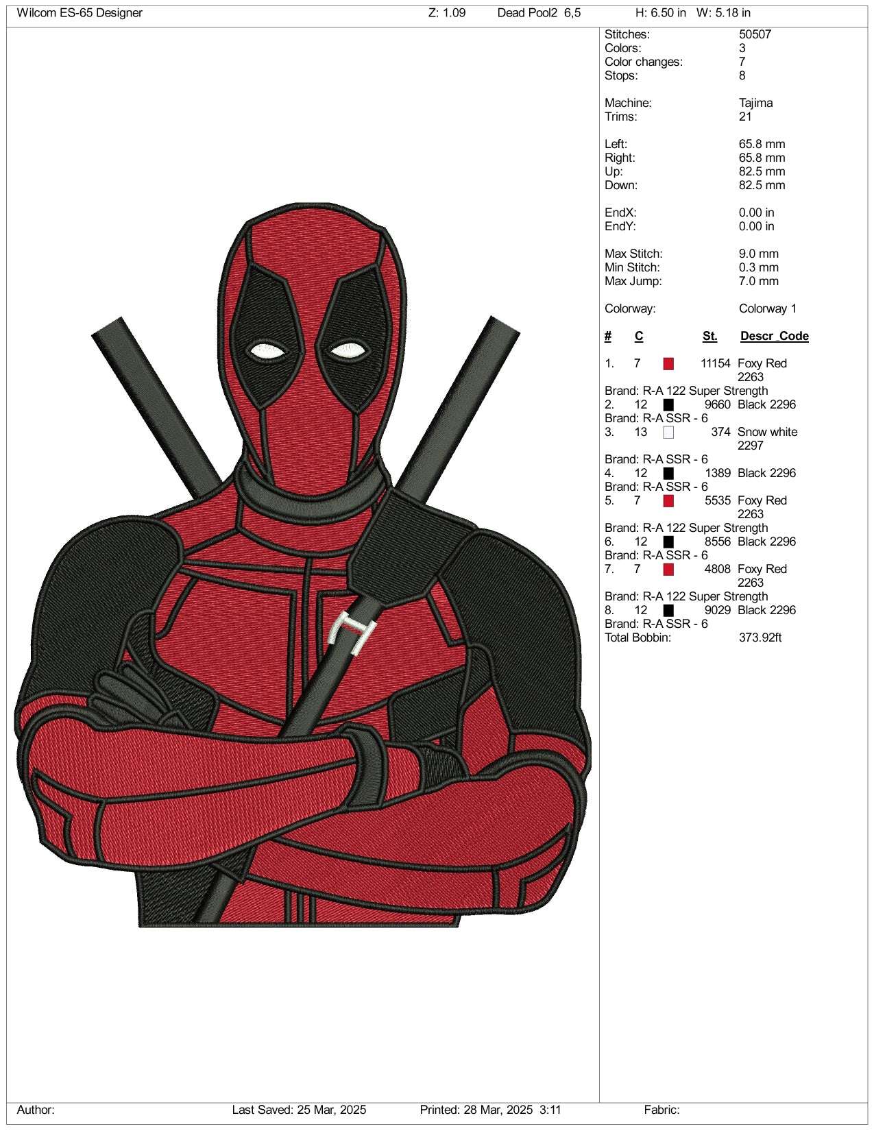 Deadpool v5 Embroidery Design Files - 3 Size's