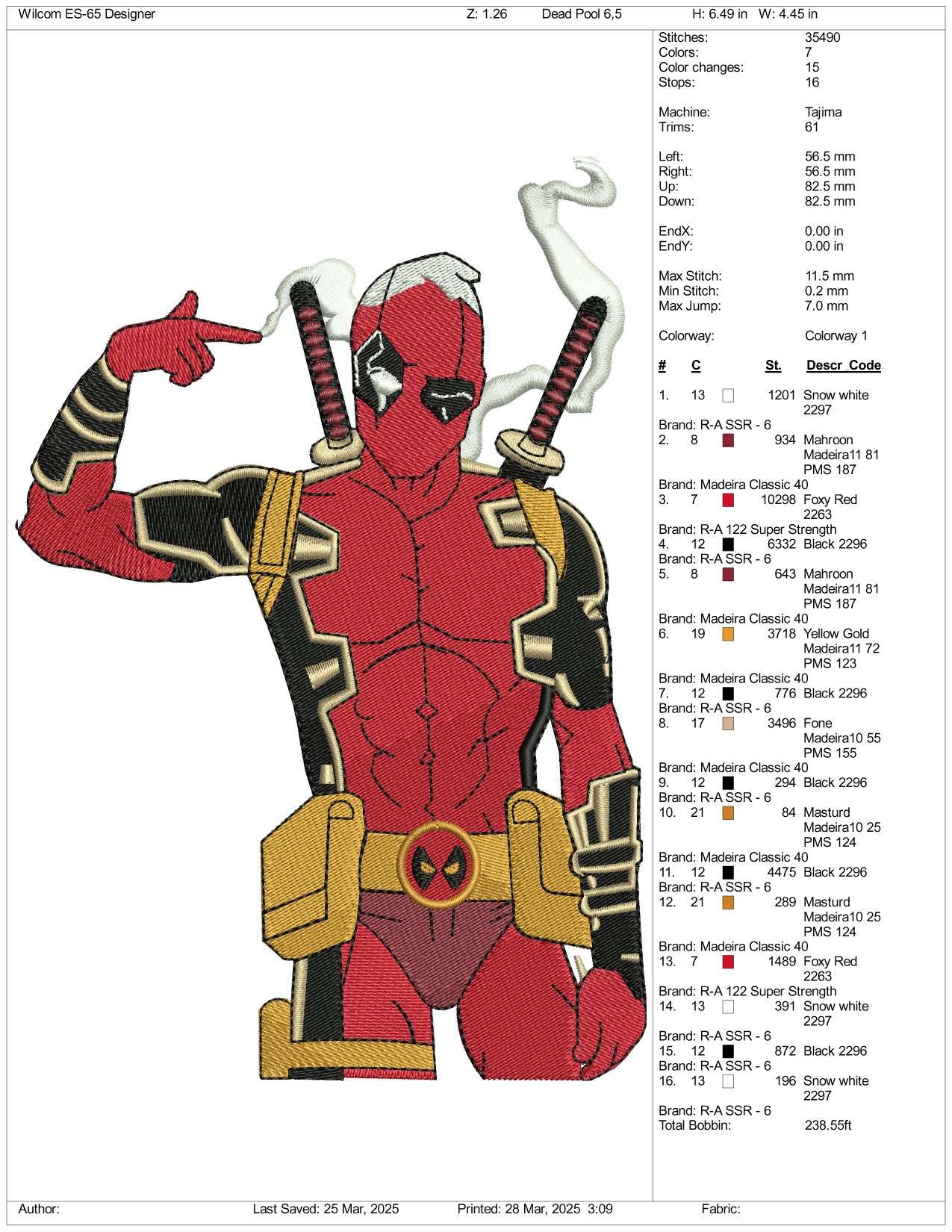 Deadpool v4 Embroidery Design Files - 3 Size's