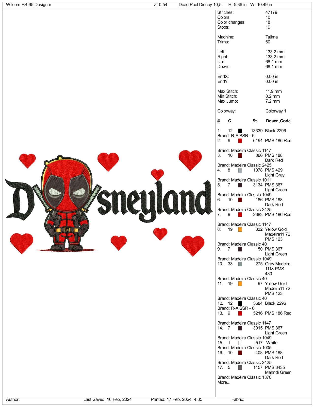 Chibi Deadpool Disneyland Embroidery Design Files - 3 Size's