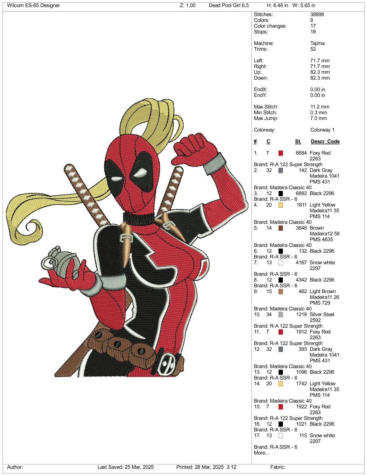Lady Deadpool Embroidery Design Files - 3 Size's