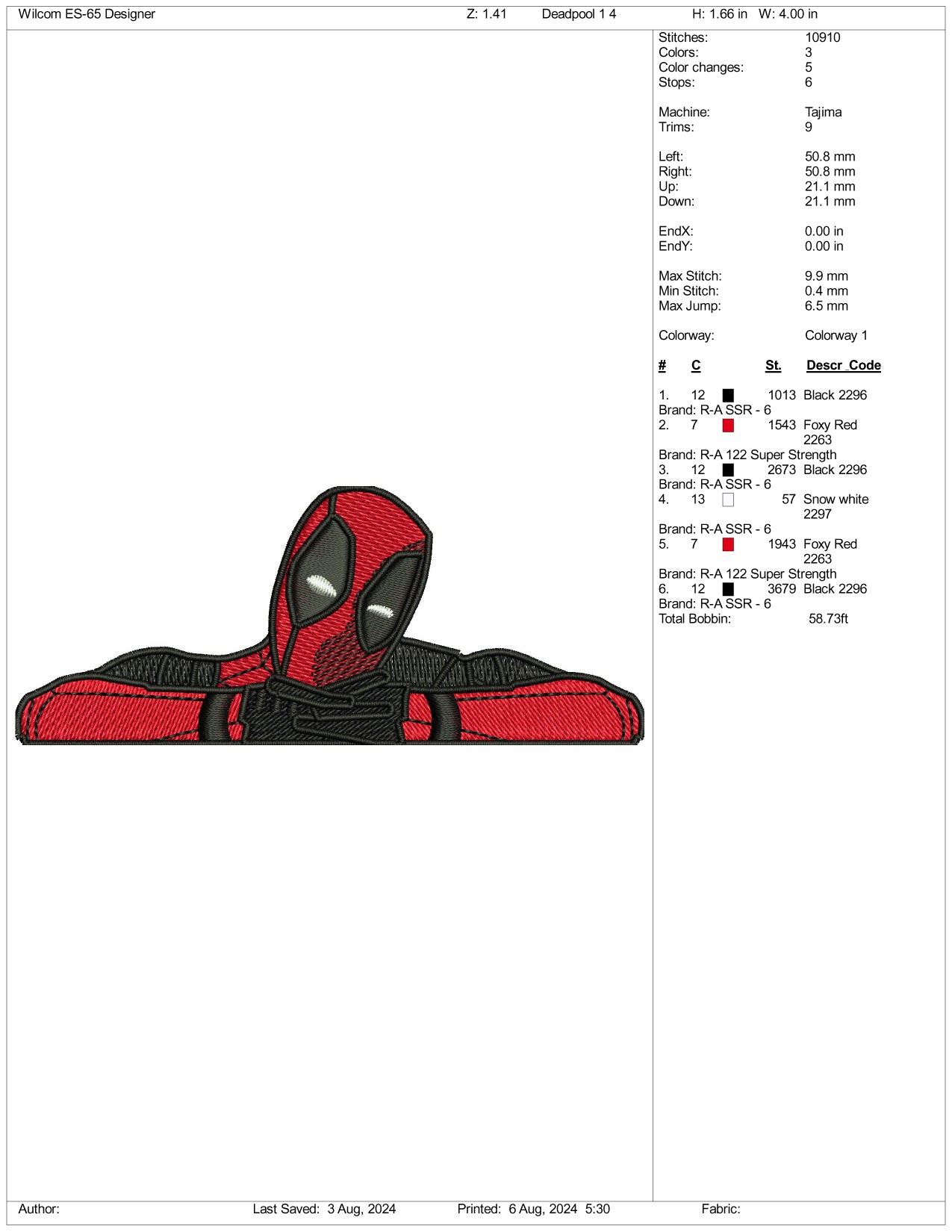 Deadpool Half v2 Embroidery Design Files - 3 Size's