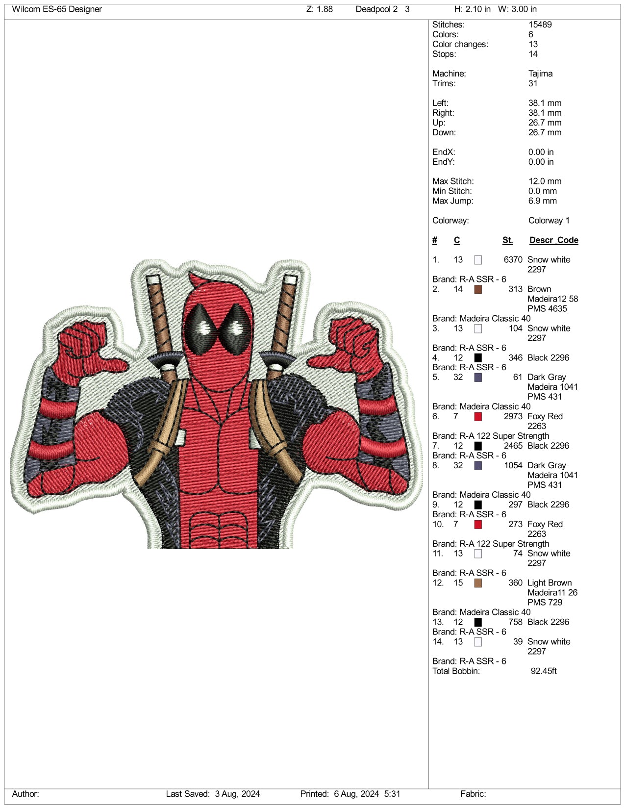 Archivos de diseño de bordado de Deadpool Half v3 (3 tamaños)