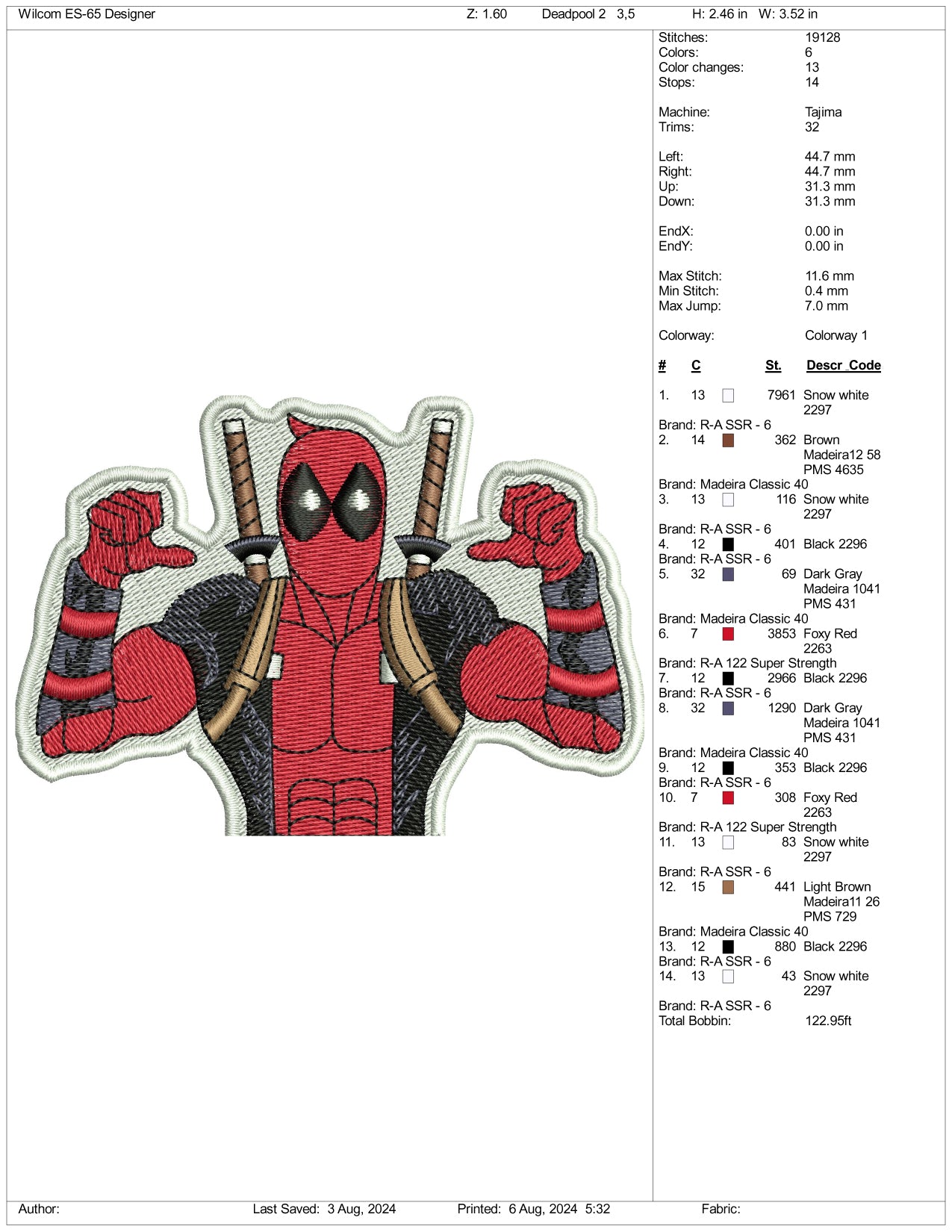 Archivos de diseño de bordado de Deadpool Half v3 (3 tamaños)