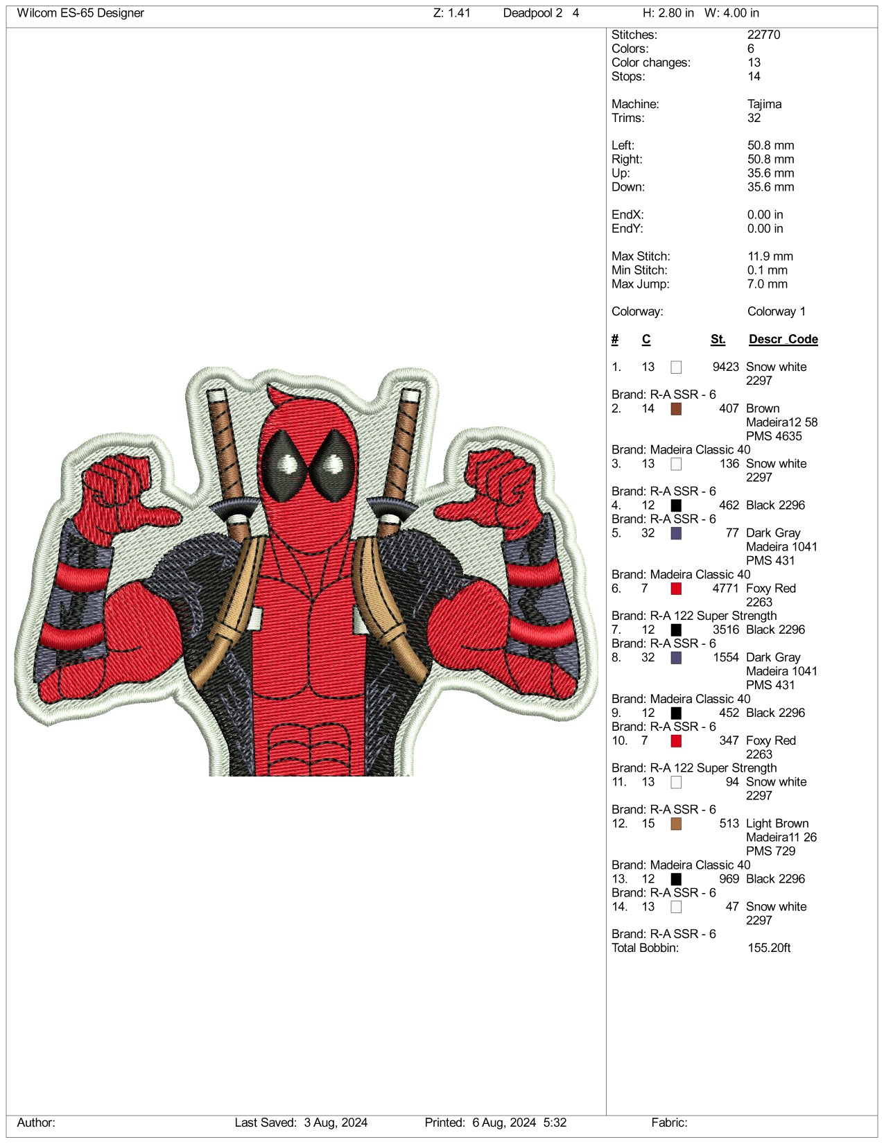 Archivos de diseño de bordado de Deadpool Half v3 (3 tamaños)