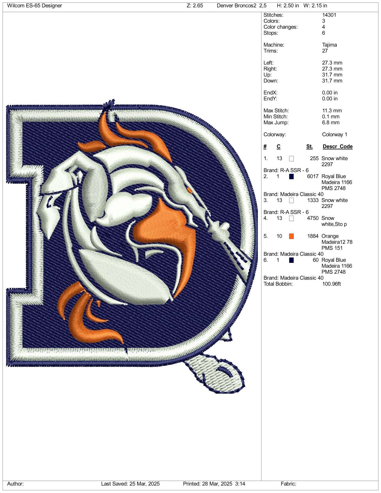 Denver Broncos Logo 3D v2 Embroidery Design Files - 3 Size's