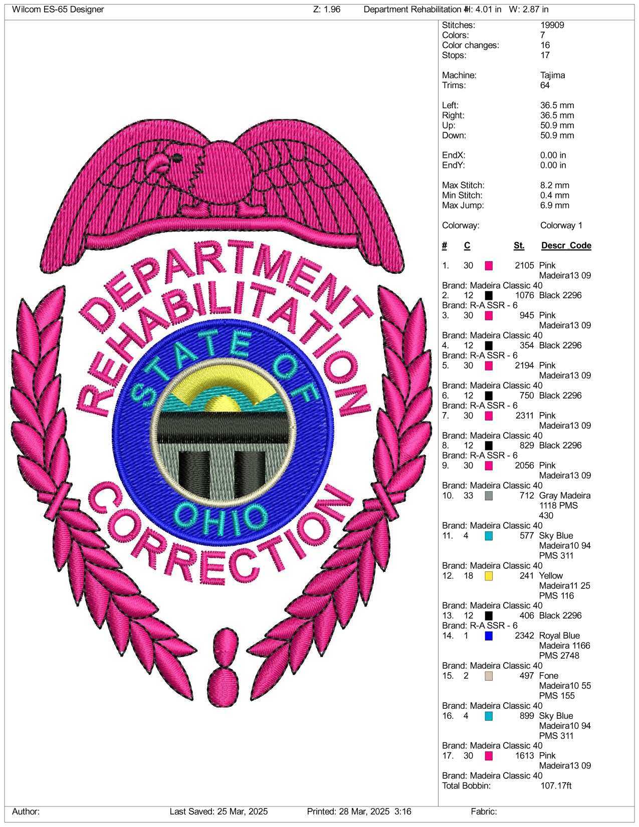 Department Rehabilitation Badge Embroidery Design Files - 3 Size's