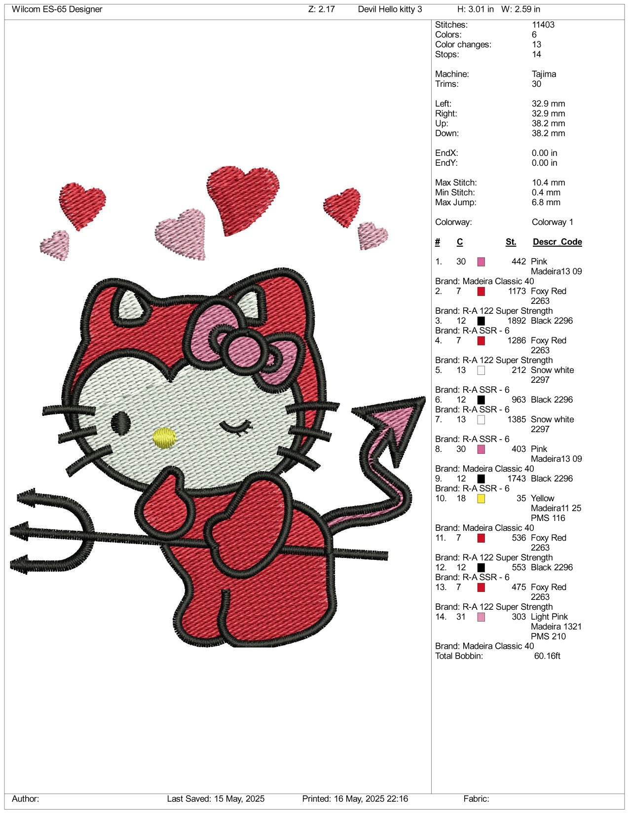Hello kitty Devil Embroidery Design Files - 3 Size's