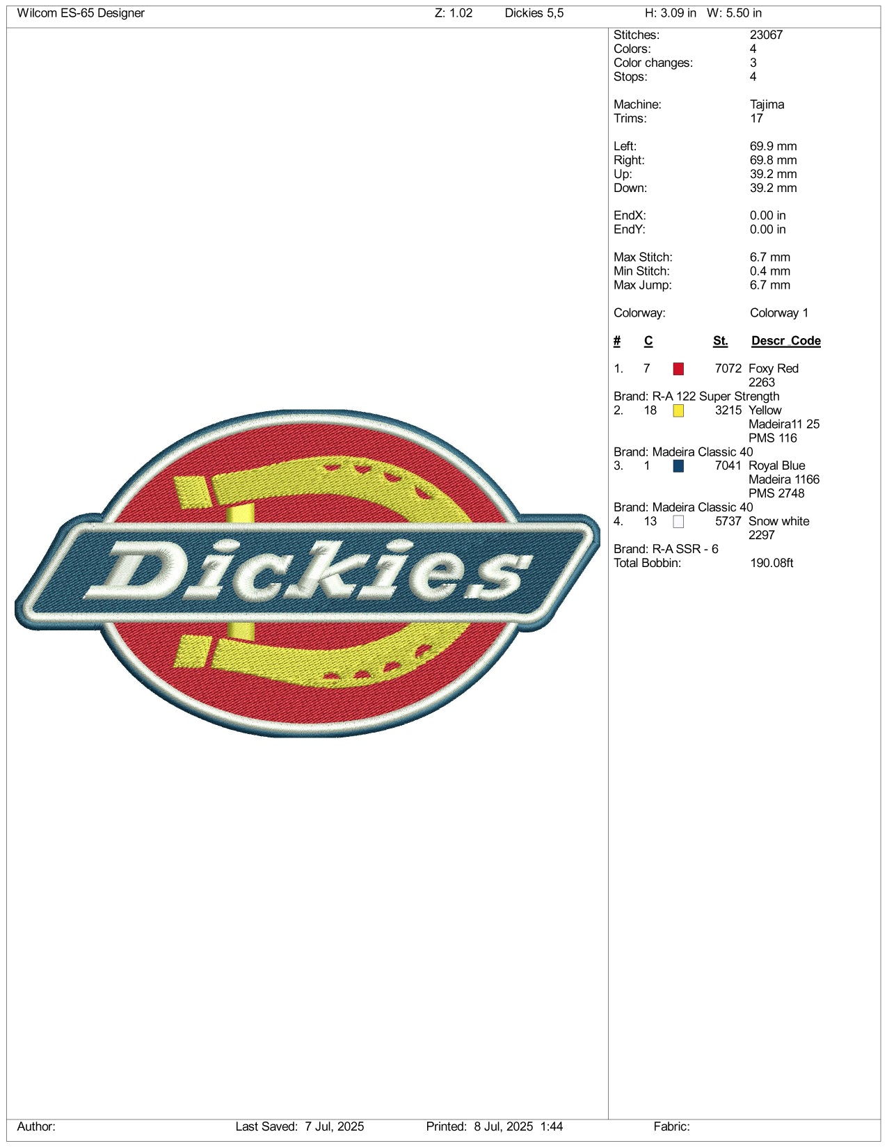 Dickies Logo Embroidery Design Files - 3 Size's