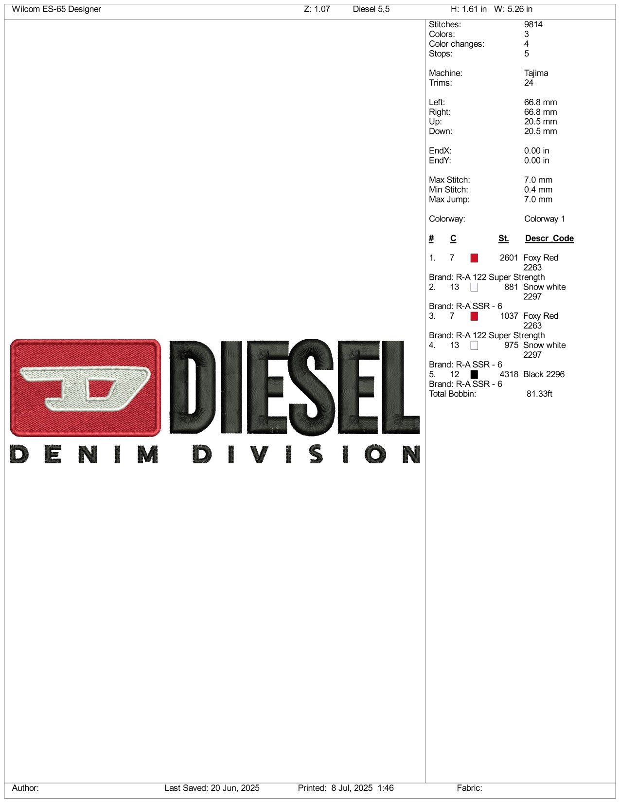 Diesel Denim Division Logo Embroidery Design Files - 3 Size's
