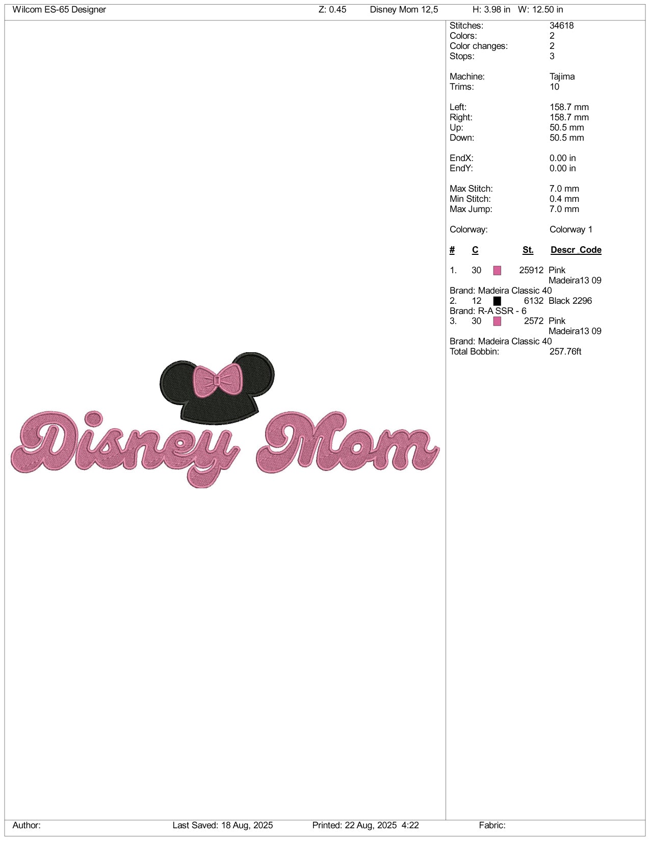 Disney Mom Embroidery Design Files - 3 Size's