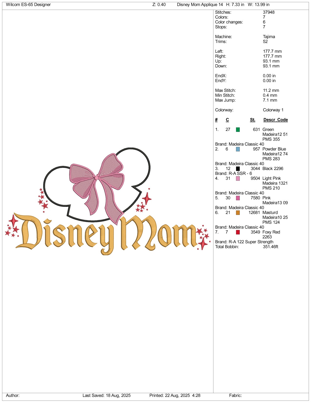 Disney Mom v4 Embroidery Design Files - 3 Size's