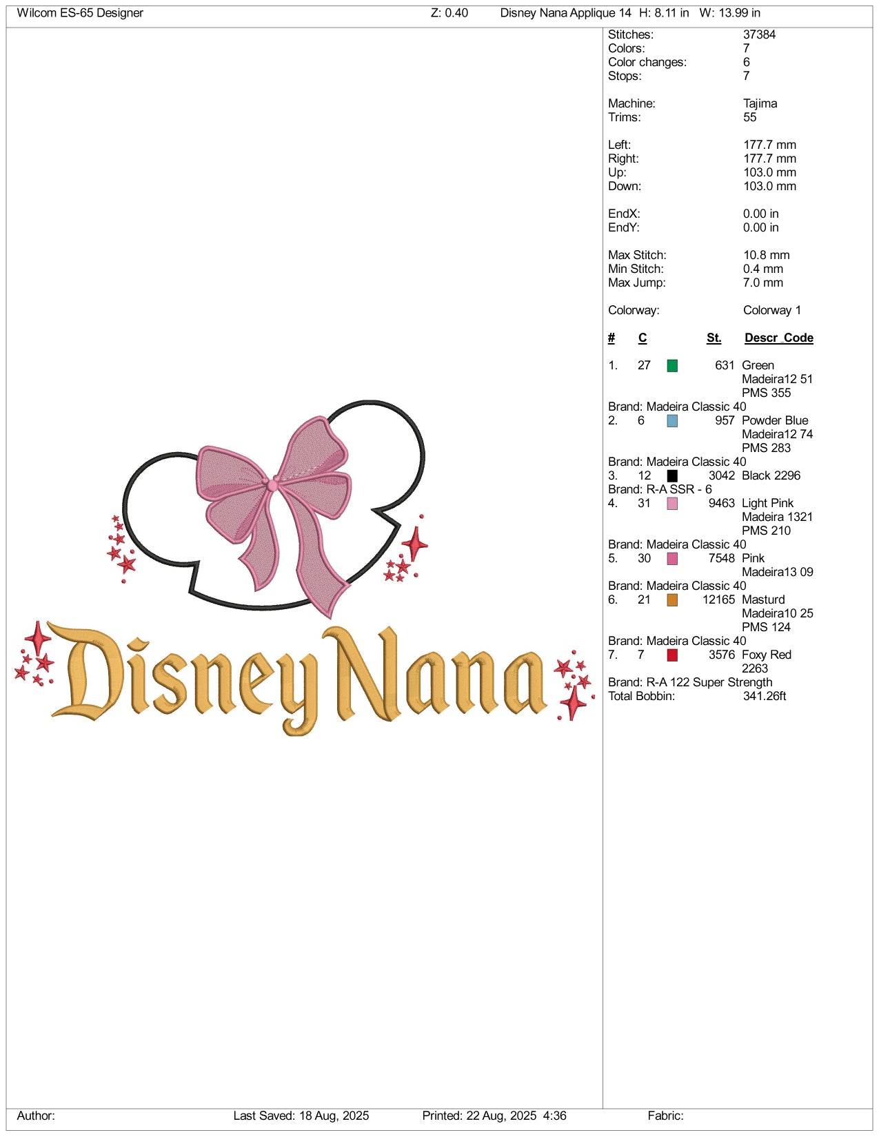 Disney Nana Embroidery Design Files - 3 Size's