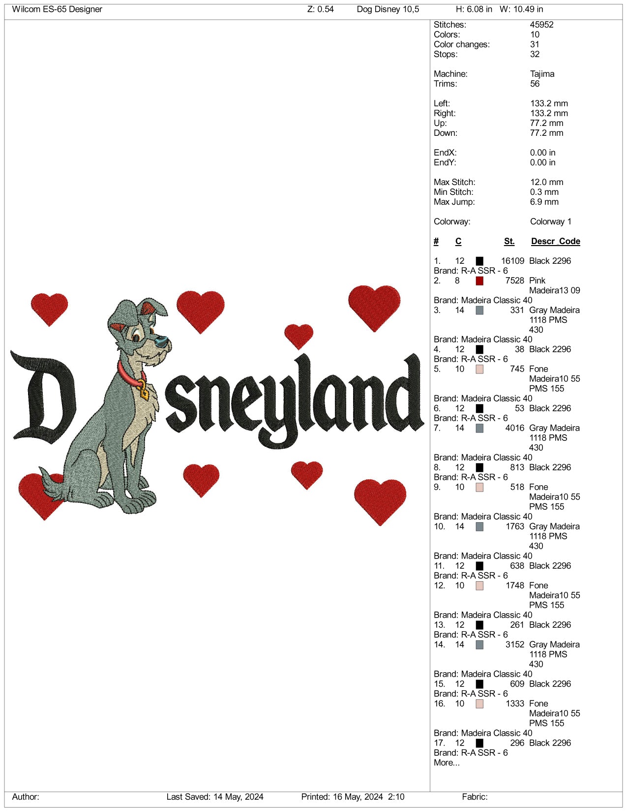 The Tramp Disneyland Embroidery Design File - 3 Sizes