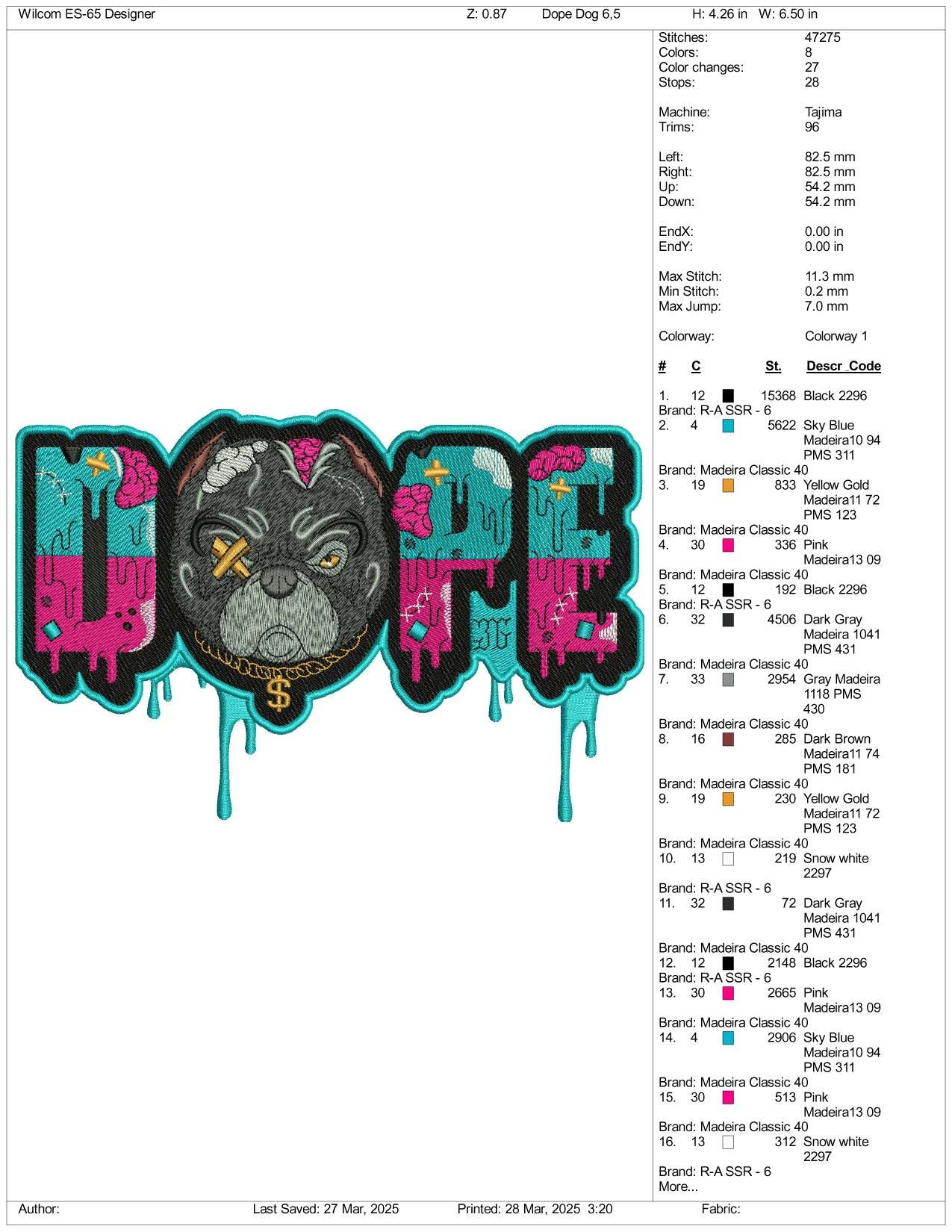 Dope Dog Embroidery Design Files - 3 Size's