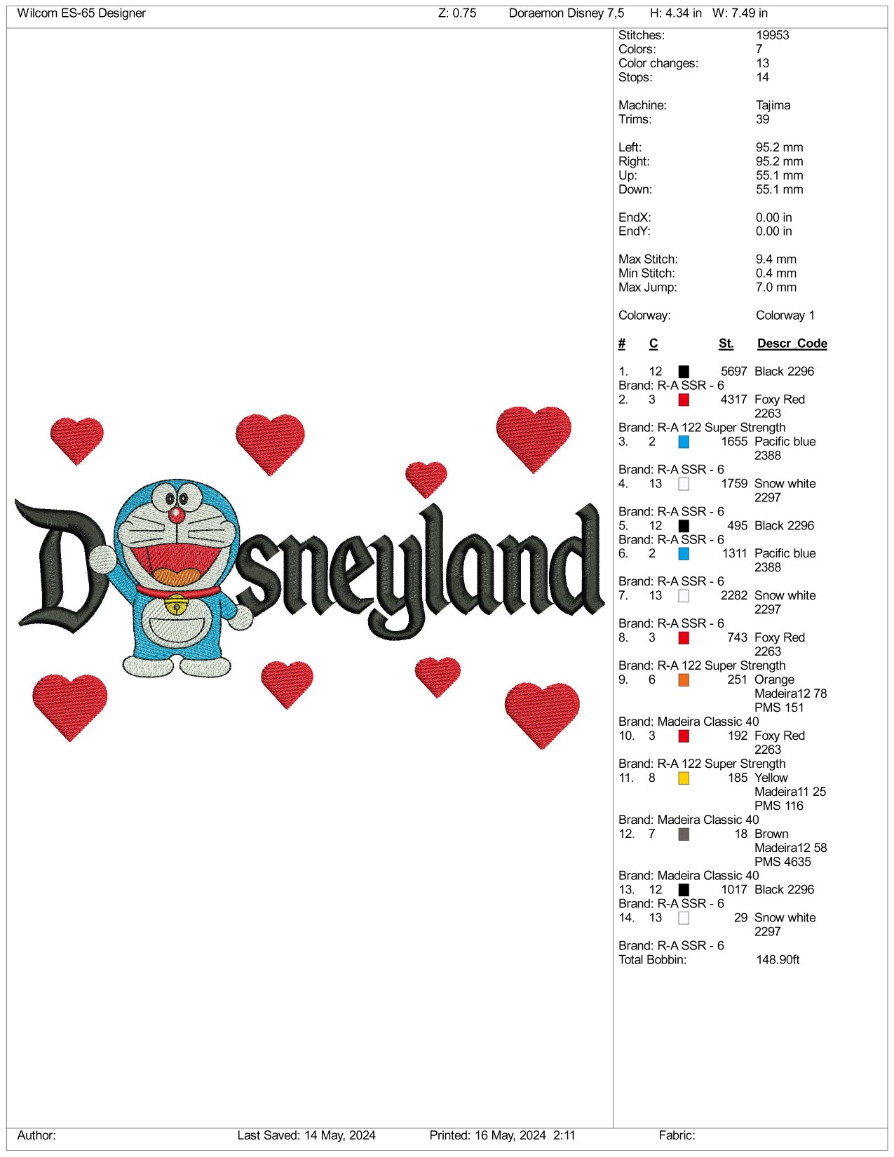 Doraemon Disneyland Embroidery Design Files - 3 Sizes