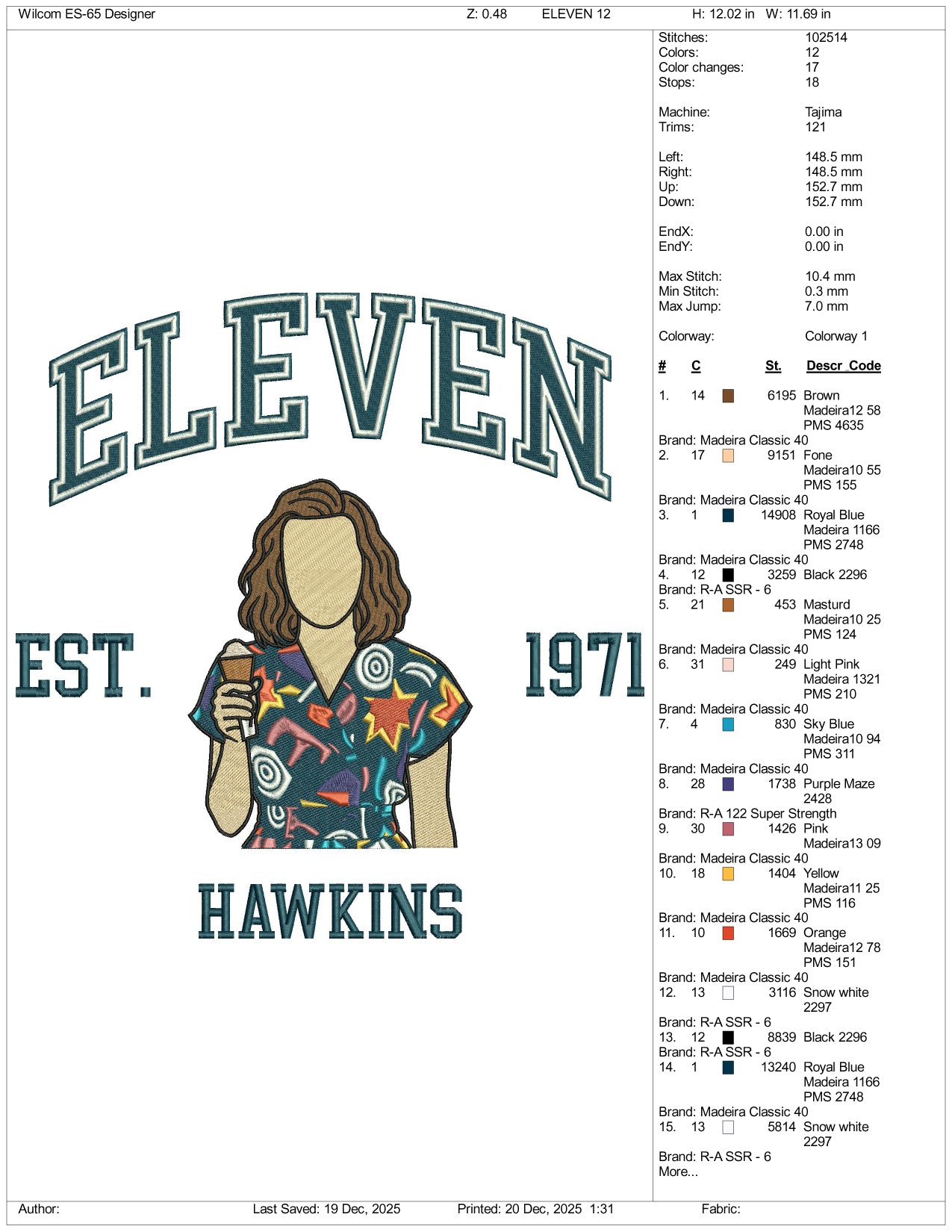 Eleven Est 1971 Hawkins Embroidery Design Files - 5 Size's