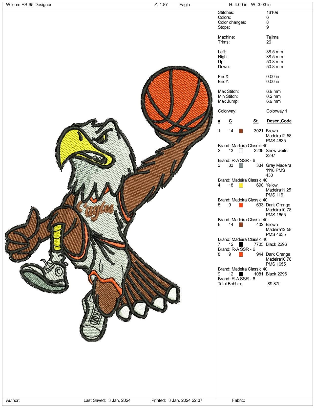 Basketball Eagle Embroidery Design Files - 3 Size's