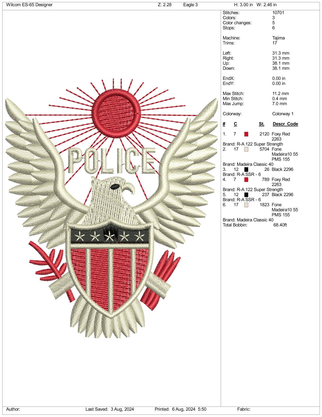 Eagle Police Embroidery Files - 3 Size's