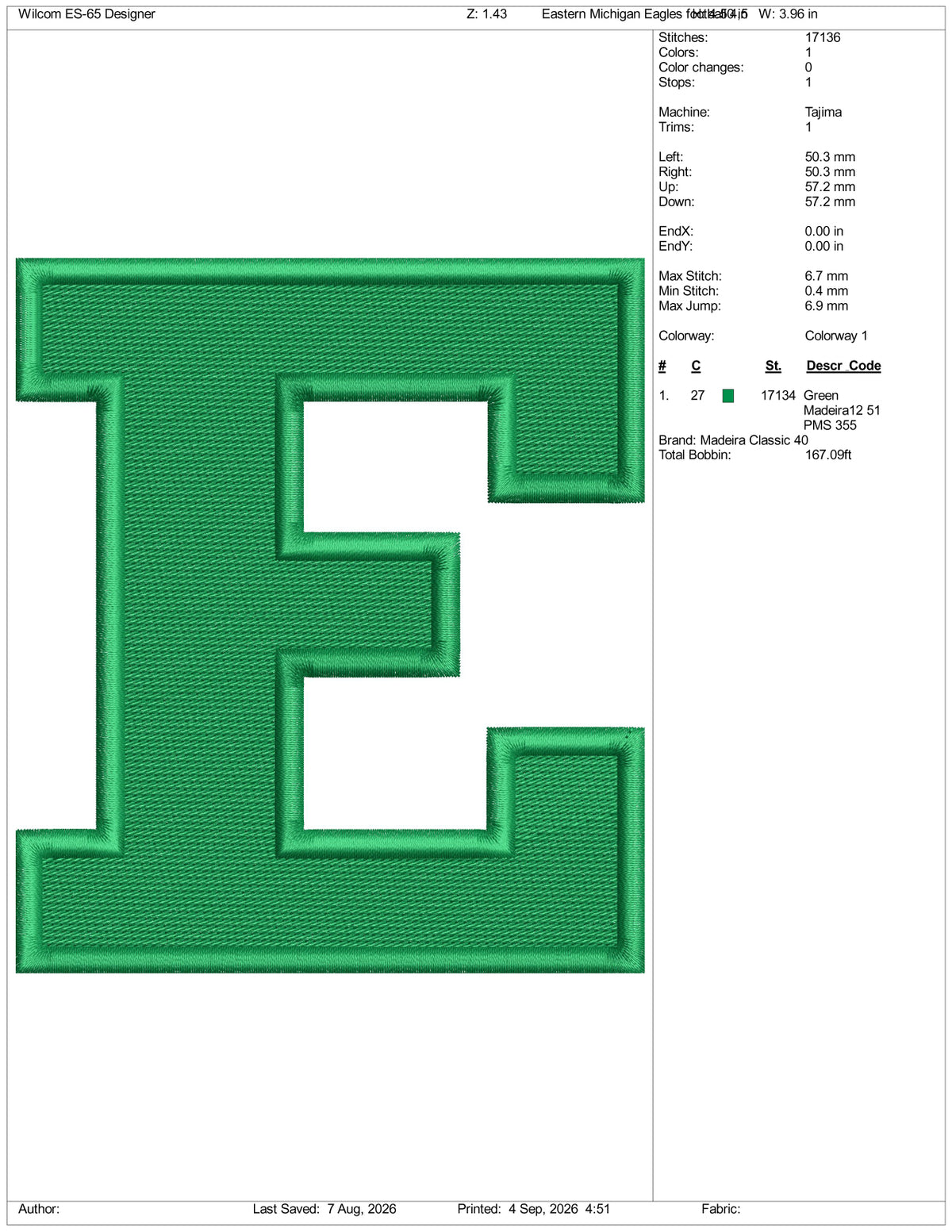 Eastern Michigan Eagles Football Logo Embroidery Design Files - 3 Size's