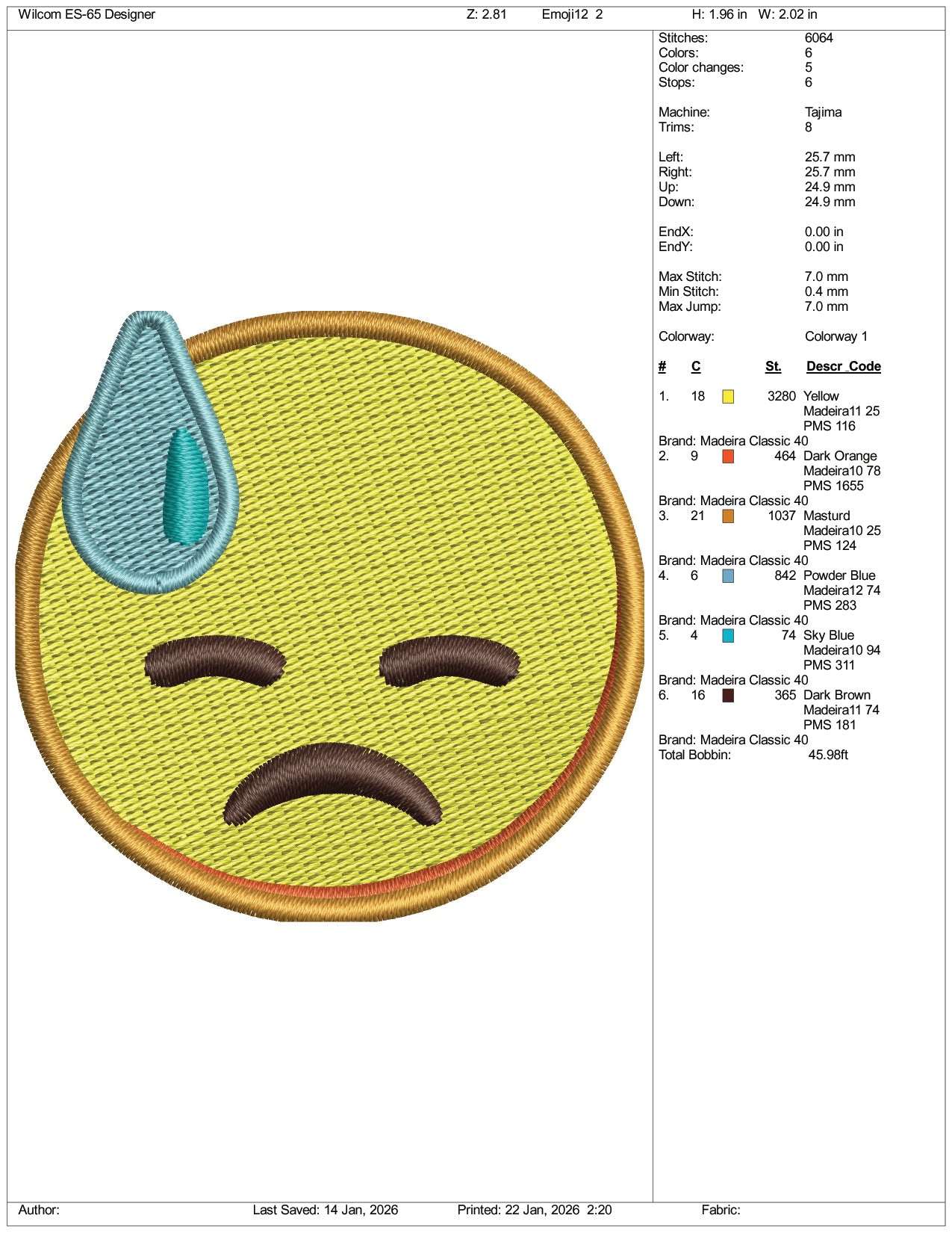 Downcast Face with Sweat Emoji Embroidery Design Files - 3 Size's