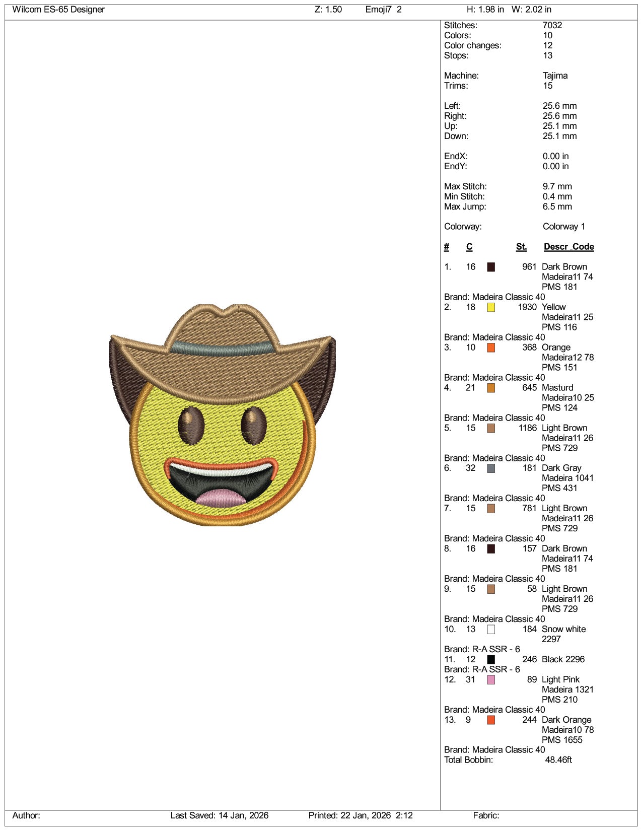 Cowboy Hat Face Emoji Embroidery Design Files - 3 Size's