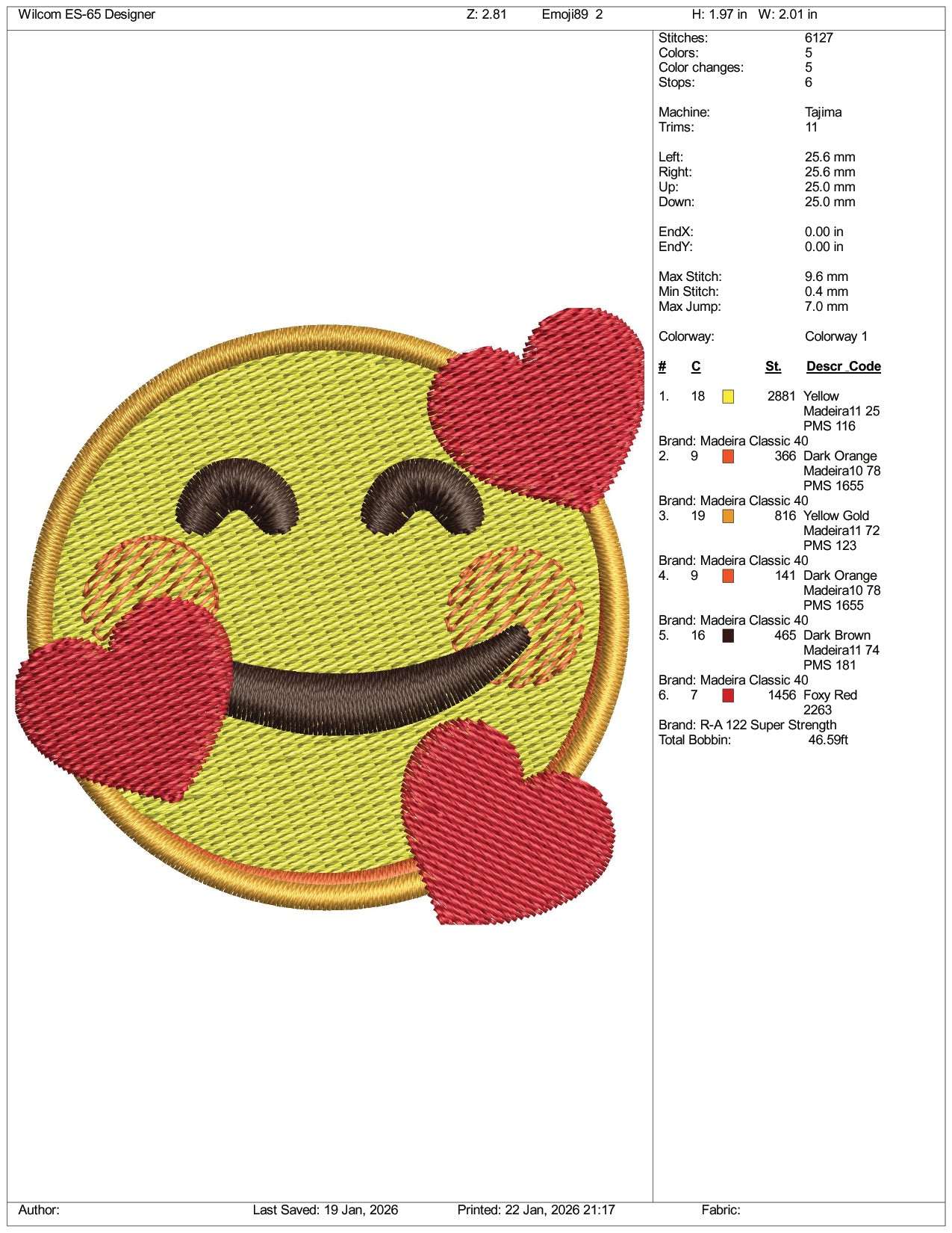 Smiling Face with Hearts Emoji Embroidery Design Files - 3 Size's