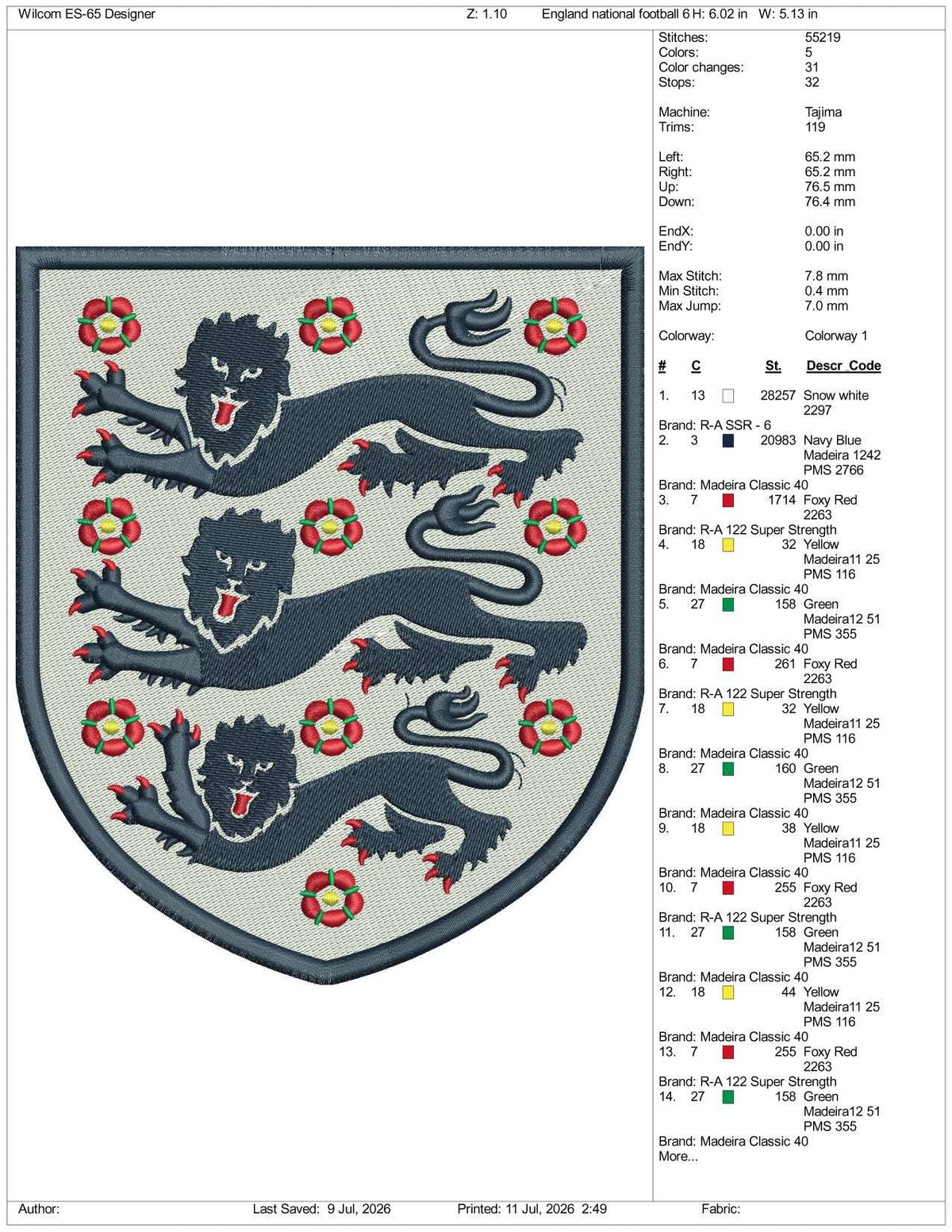 England National Football Logo Embroidery Design Files - 3 Size's