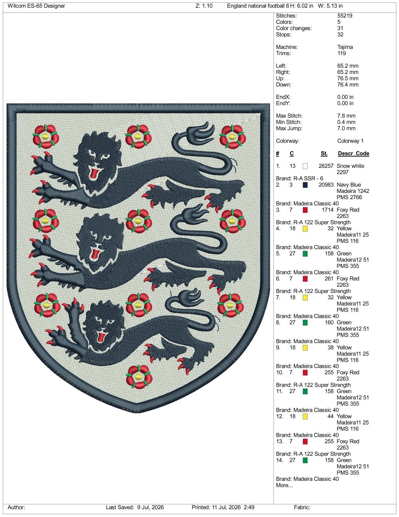 England National Football Logo Embroidery Design Files - 3 Size's